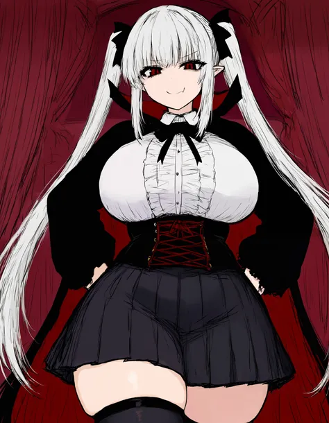 Masterpiece,detailed,best quality,perfect face,1girl,(cute face),goth lolita,curvy body,hourglass body shape,big breasts,chubby waist,thick thighs,wide hips,happy face,smile,vampire girl,red eyes,white hair,hair twin tails,very long hair,black red clothes,...