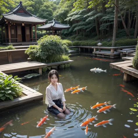 1girl, looking at the viewer, water, pond, lake, shrine, koi