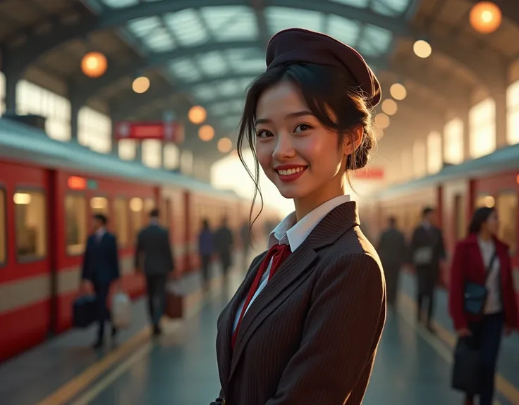 a crowded train station at the end of the year, beautiful uniformed female station attendant with a smiling expression, train platform, train, signage, bright lighting, (best quality,4k,8k,highres,masterpiece:1.2),ultra-detailed,(realistic,photorealistic,p...