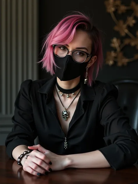  A beautiful woman, with her short hair ,  with the color spiky black like pink ,  with her black skull blouse from cold ,  with a black mask ,  dark brown eyes nail painted black, cross earrings in the ear , and glasses, rocker style, with cord and hand o...