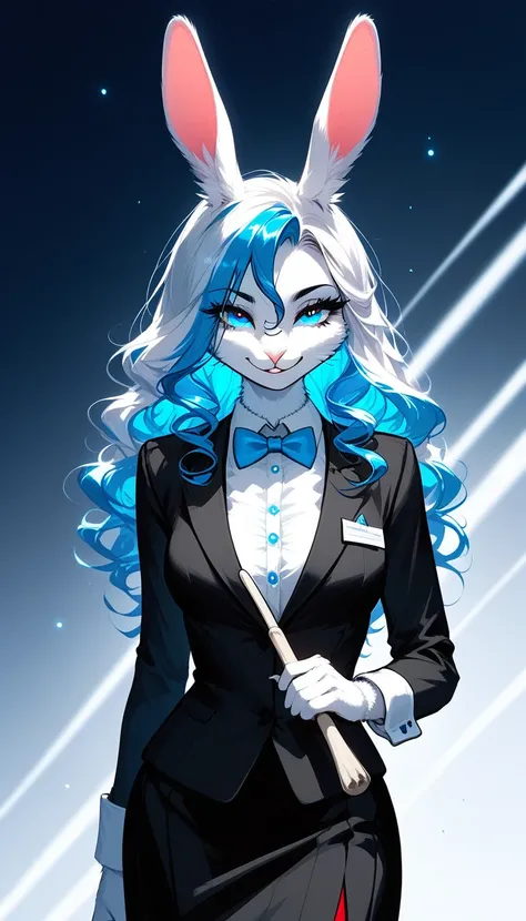 score_9,score_8_up,score_7_up, source_furry, 2 ( bunny, Anthro furry bunny girl, adult female, ) white fur, white skin, a beautiful anthropomorphic white bunny woman with long white curly hair with blue highlights at the end. , blue sparkling eyes, she dre...