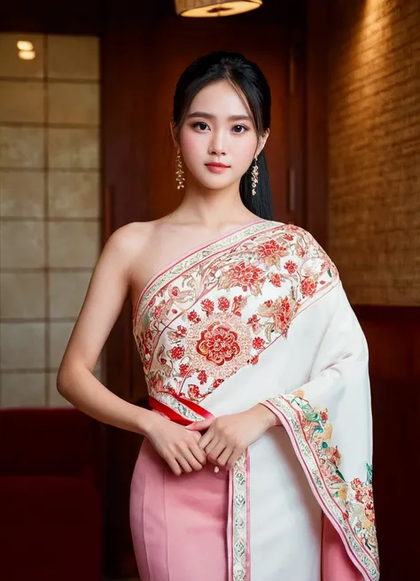 หญิงสาวชาวเอเชียRound face,,In a bright red dress, , Red Cheeks ,  with glazed tile skin , Black hair,  Ponytail,  Extra-long hair 2m long ,Hair flaps up ,Round face, Thick eyebrows,   perfectly beautiful eyes  ,  eyes very detailed , Very big chest size ,...