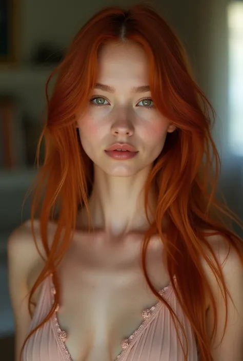 a , with long hair, with high resolution, With greenish eyes light skin ,  Slightly separated and pink lips ,  with slight ripples in her hair she is a redhead and is in her room she is dressed in a soft and thin dress showing her marked collarbones ela e ...