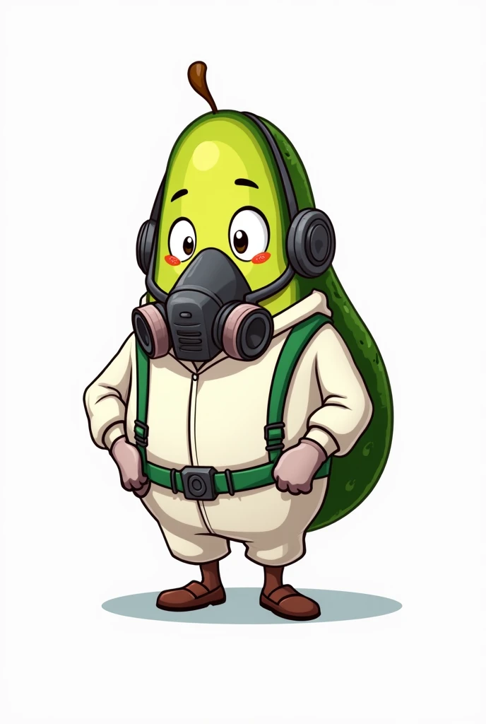 A cartoon avocado dressed as a fumigator on a white background.