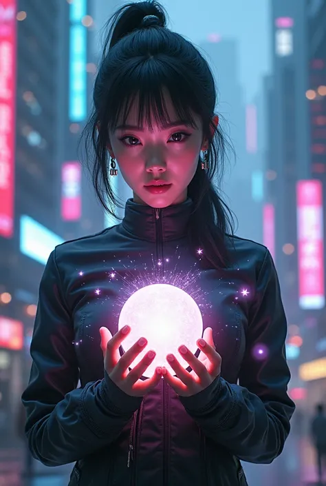 arafed asian woman holding a sparkle ball in a city, cyberpunk art by Raymond Han, tumblr, digital art, cyberpunk beautiful girl, cyberpunk 2 0 y. o model girl, dreamy cyberpunk girl, sexy girl, cyberpunk girl, 8k artgerm bokeh, brandon woelfel, chinese gi...