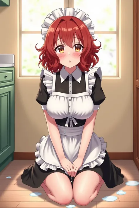  on the face of a redheaded maid hair brown eyes curly big breasts fitt skinny tall kneeling submissive obedient shy in love humiliated looking up with white milk dripping from her face seen from above , Cheerful anime style