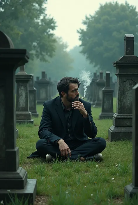 A man in a grave smoking 