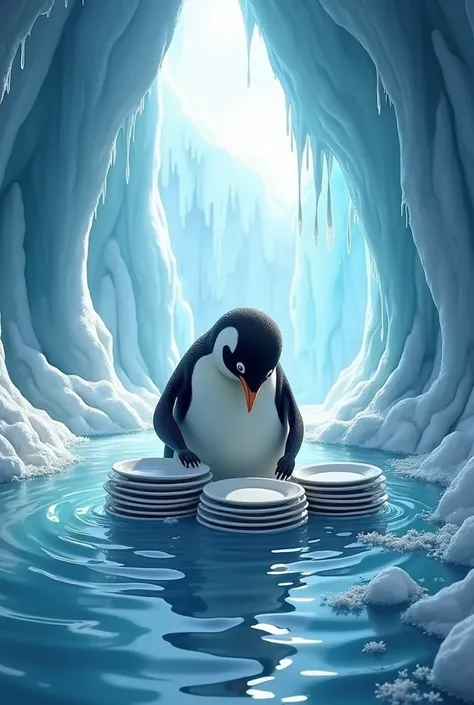 A penguin washing a lot of plates in a river of ice cave 