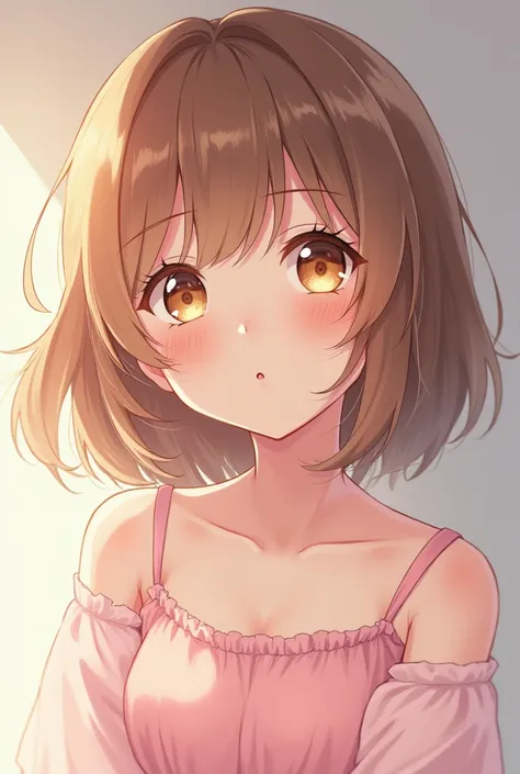 Brown-eyed Anime Girl ,  with brown hair - light,  with light pink dress 