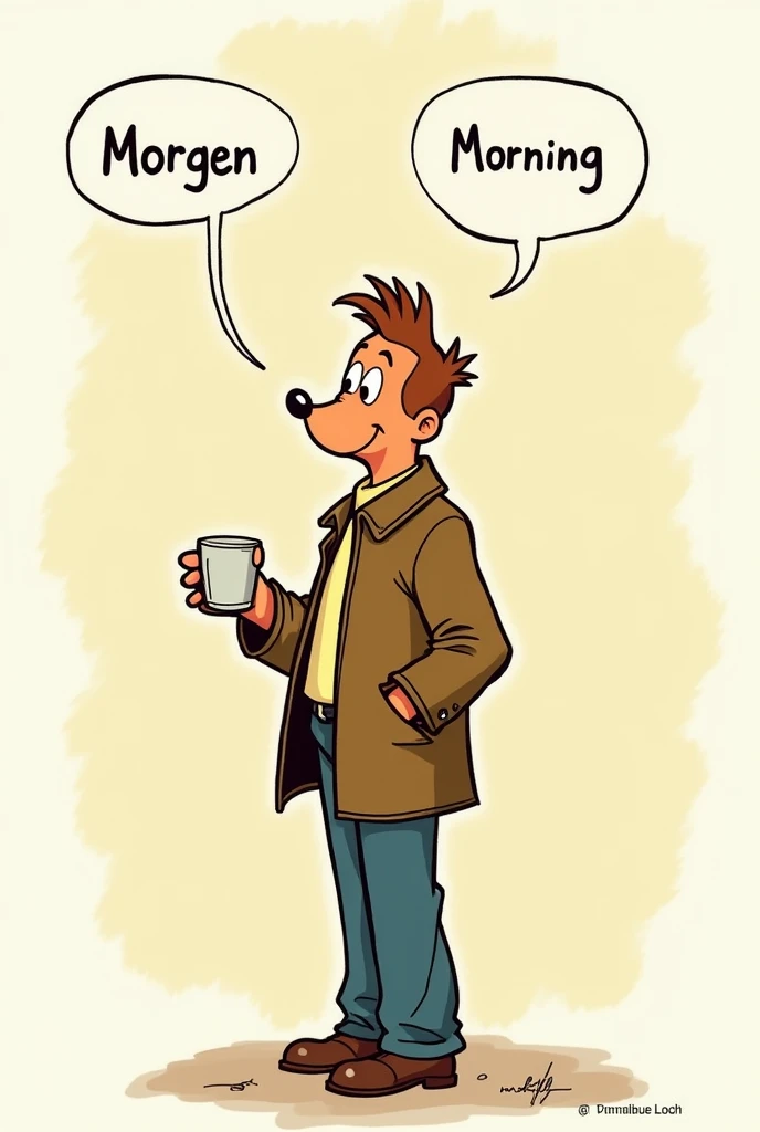 Tintin avec une veste brune avec une tasse en main qui dit morgen et morning dans un philactere