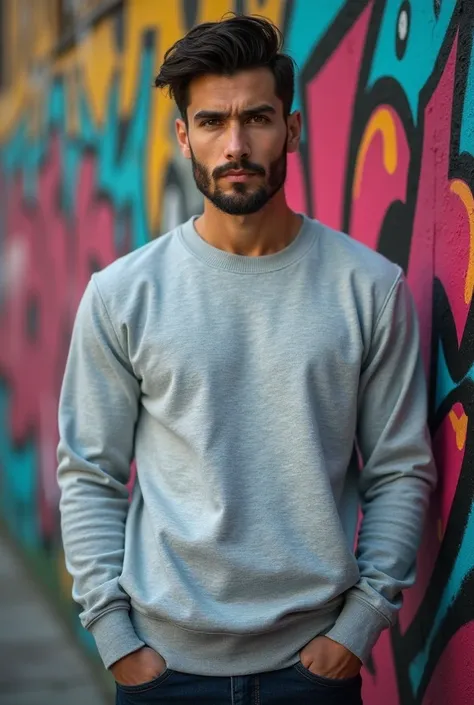 (photorealism:1.2), 
A stunningly handsome man standing confidently in front of a vibrant graffiti-covered wall. He has a well-groomed beard, sharp facial features, and captivating eyes that stand out. His stance is relaxed but poised, with arms naturally ...