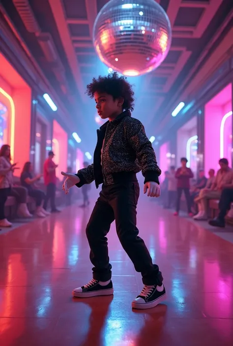 Generate a dance floor from the 80s and a boy dressed as Michael Jackson doing the moonwalk  