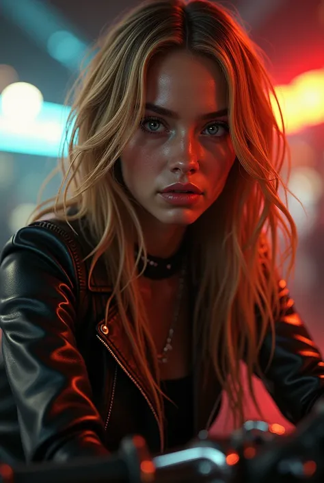 Gorgous girl shiney golden hair wet hair publishing hair luxuriant eye lashes glossy lips delicate nose, makeup realistic photo highly detailed description 20years old girl on an old indian motorcycle, classic motorcycle, cyborg girl, cyberpunk, intricate ...