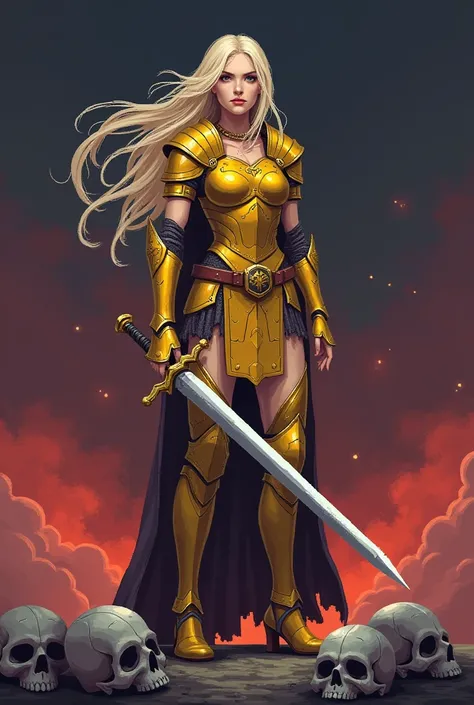 Digital art illustration with pixels bitmap, A beautiful and slender Russian woman with long hair with light blonde details, She is a warrior with yellow faith armor and her enormous sword  ,  looks straight ahead , she standing, Stepping on skulls ,  a da...