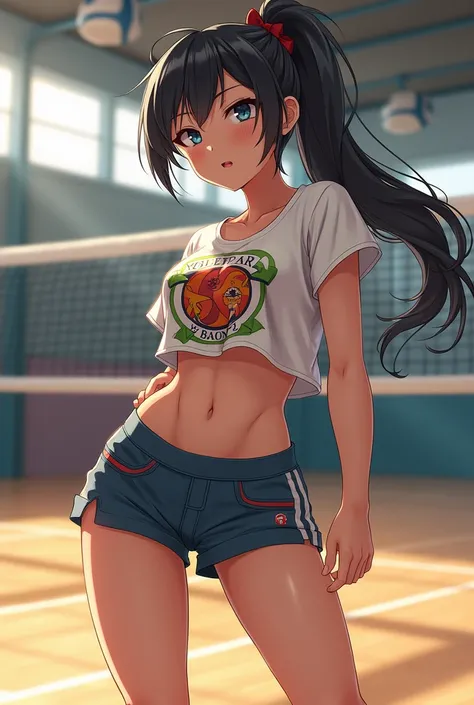 A volleyball athlete wearing loose clothing with a short anime top