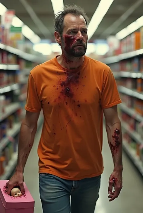 Disheveled American man with thinning wearing a blood stained orange t shirt shopping, with bleeding nose, bleeding  lip, a black eye, bleeding knuckles, cuts on his arms, limping and carrying a pink box with a baby doll inside it.