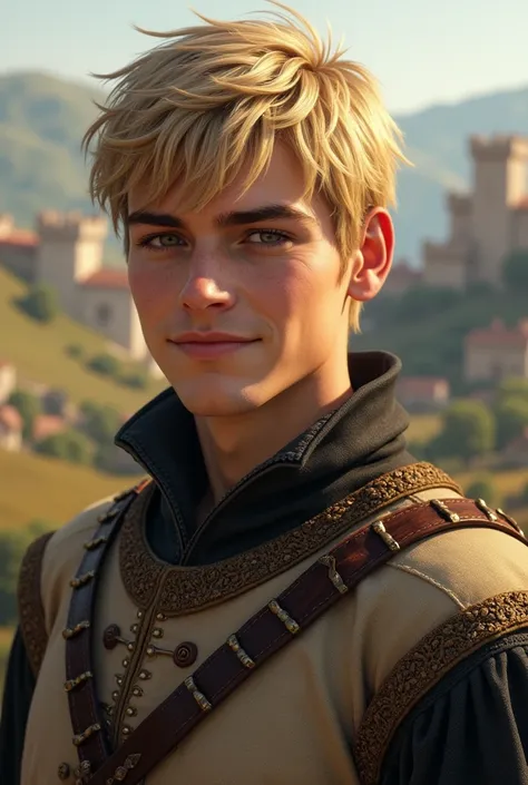 Middle Ages, Blonde머리, Short hair covering her forehead , Blonde,  has a soft smile, male, Medieval soldier , Handsome