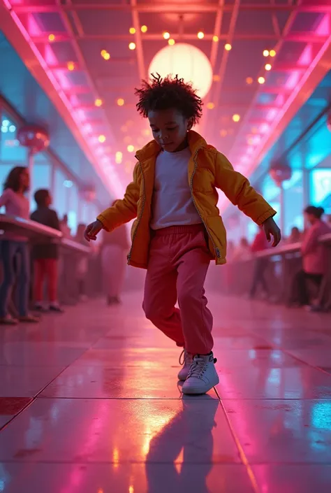 Generate a dance floor from the 80s and a boy of 10 
year old doing the moonwalk  of Michael Jackson 