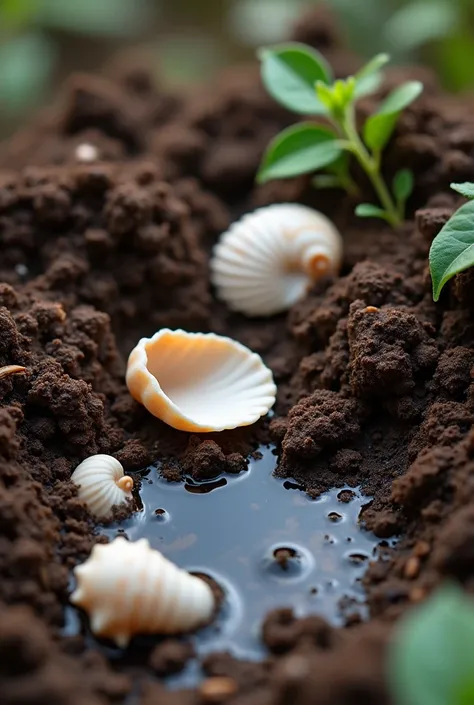  you have an image of soil with shells and a little water, As if it were compost 