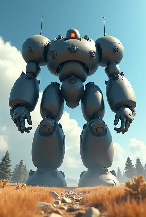 Rendered in 4K resolution in 3D. An evil giant robot lands on a vast plain under a bright blue sky. The robot is constructed from numerous black missiles, inspired by the "Killer" from the Mario series. These missiles retain the characteristic spherical sh...