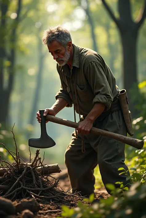 .make a 3d realstic Image.A poor middle-aged man goes to the forest and cuts wood with a crowbar.