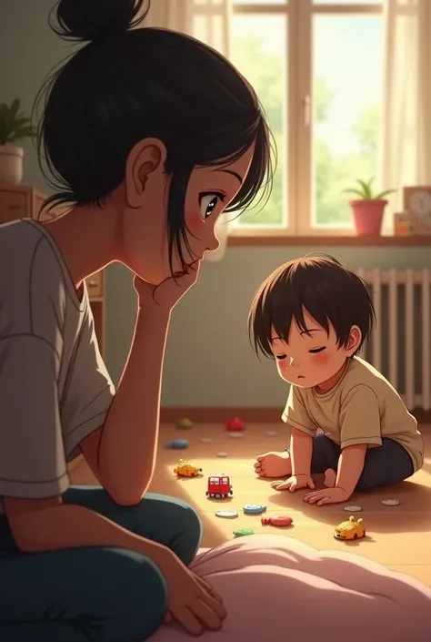  The protagonist watches his son or daughter playing on the floor,  with an expression of uncertainty . Take a moment to think .]