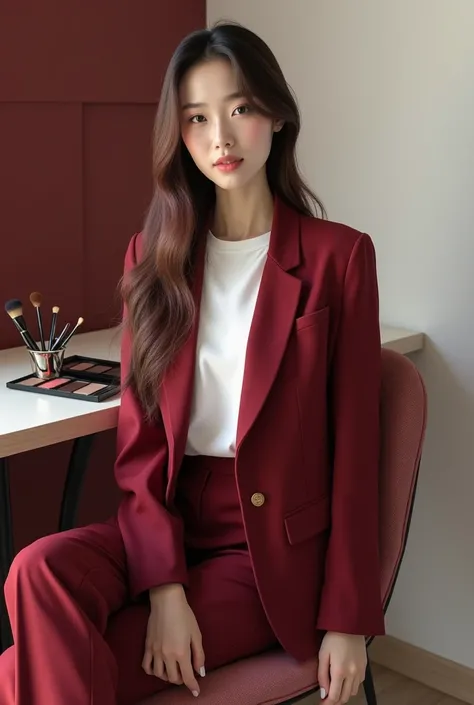  A beautiful Korean girl wearing a white t-shirt ,, maroon blazer ,, maroon pants  ,, sitting on a riaa table chair  ,, there is a complete make-up tool  ,, long straight hair three layers of maroon iridescent color,, white heels ,, maroon white room decor...