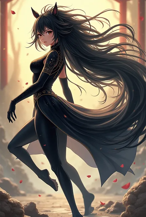 Create an anime woman who represents the Japanese zodiac horse she should have a black mane and a black tail and wear a beautiful black full body outfit