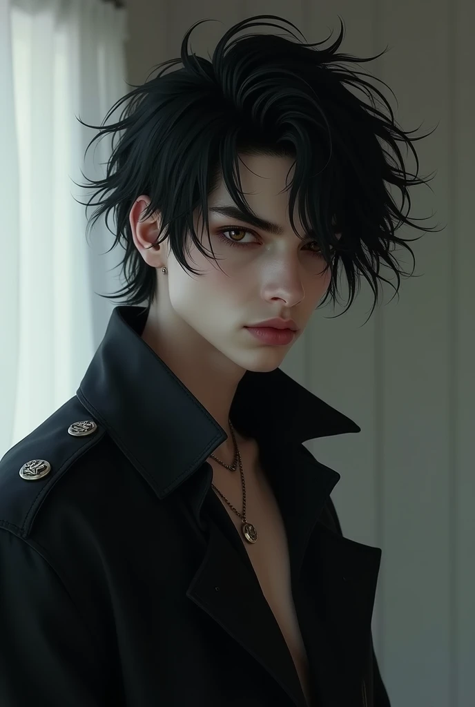 Design a wildly beautiful 18-year-old boy ,  of white complexion and disheveled black hair ,  deep black eyes and mysterious eyes,  muscular body in black clothes , rebellious and dangerous-looking , very beautiful ,  that is a realistic style image  