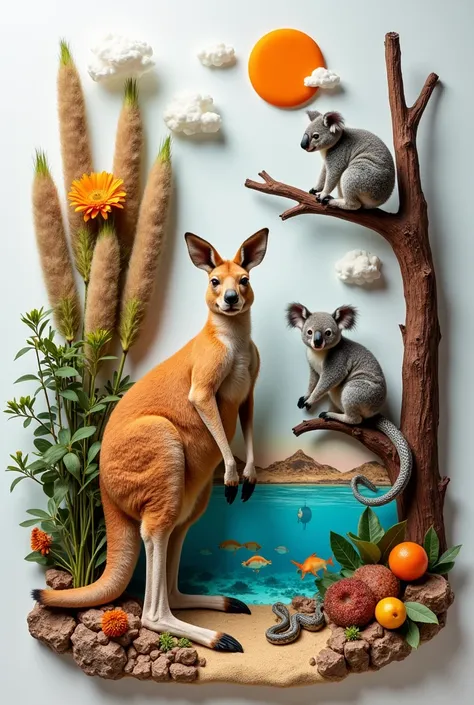  Do a knolling of Australia using photographs of a kangaroo, A koala , typical Australian food ,  a snake and the coral reef  