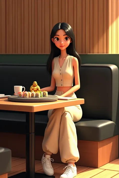 Woman 30 years, long straight black hair, wearing creme short sleeveless buttoned v vest and creme long loose trousers with white sneakers. At Sushi restaurant with wood slat paneling in walls, black rectangular tables, sitting on black leather upholstered...