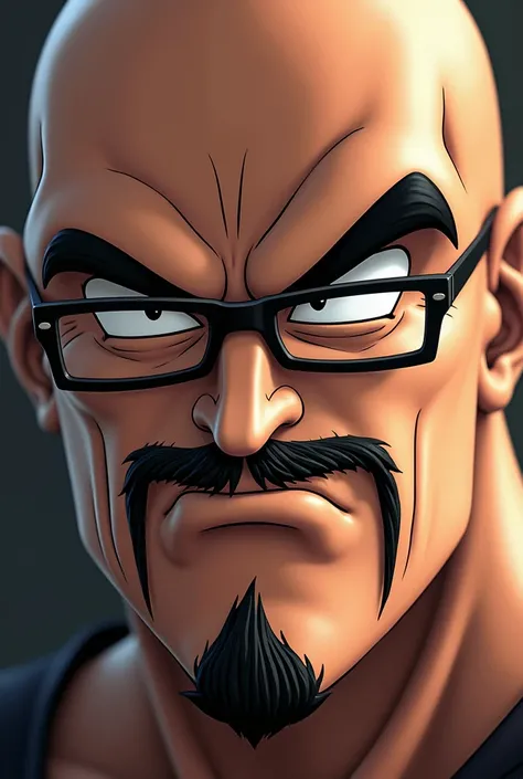 Front zoom on face of  Nappa from dragon ball, eyes half flooded, slightly smirking, with glasses, short mustache, 