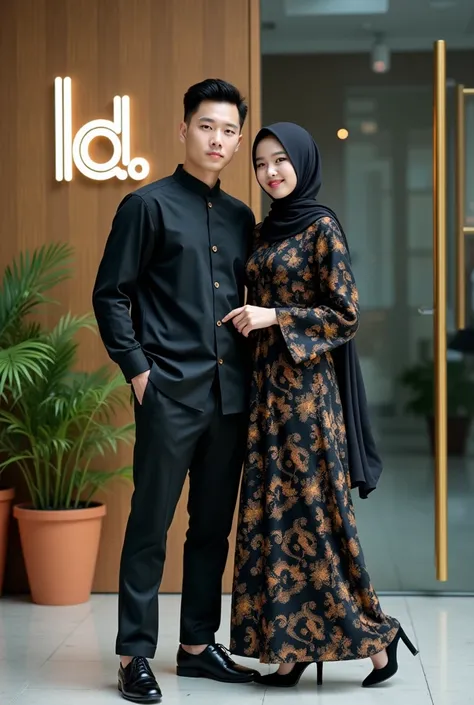 Photo cuople , full body Large height ,  a handsome South Korean man black hair undercut hair ,  clean and handsome white face wearing a bright black long-sleeved batik shirt ,  bright black fabric pants , black leather shoes,  standing with a beautiful mu...