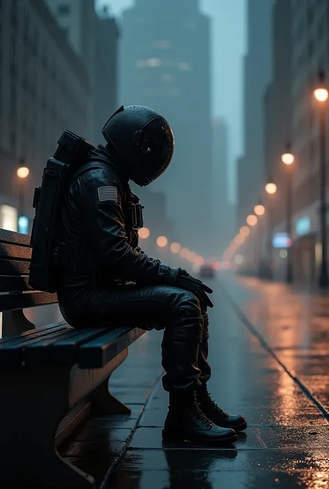 Black suit astronaut sit on the bench at the rainy night 