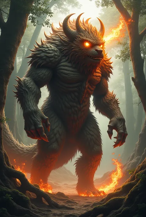 An RPG character that is a fusion of Mapinguari with fiery details with a tail that is the boitatá has one eye and the mouth must be in the belly