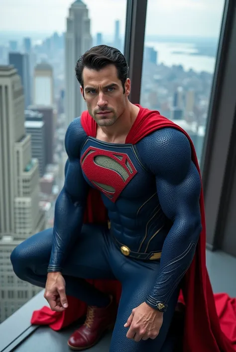 Handsome superman Kneeling on the terrace of a skyscraper. Close-up 