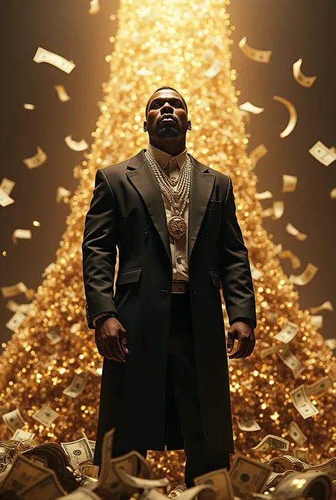 50 cent standing infront of huge pile of money, gold, jewelry, money bills swirling in the air, cinematic lighting