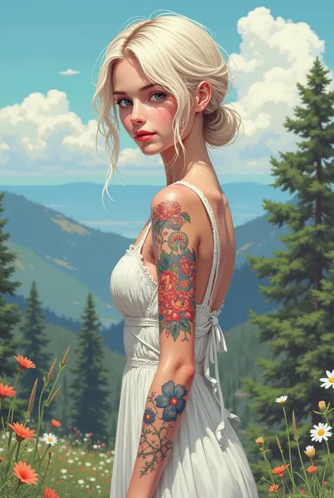 Pixel art bitmap, A beautiful and slim Russian woman with light colored hair, She has a beautiful and unique dress she looks so fragile , She has colored tattoos she is far away and you can see the womans environment