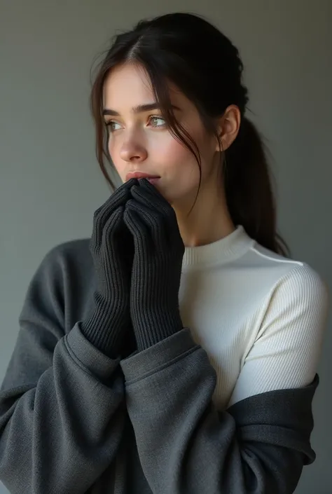  A young adult girl with hair tied in a tail ,  wearing a thermal white blouse with long sleeves,  black wool gloves on her hands , and a medium-dark gray sweatshirt .