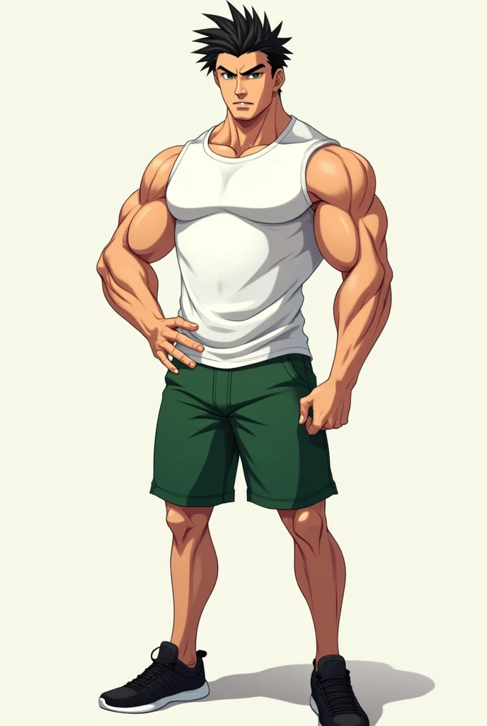 Anime man with mussels and white shirt green shorts black shoes 