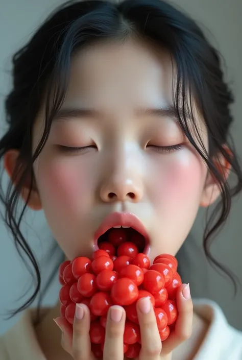 Highest quality, masterpiece,  Ultra High Resolution, 16k, Half-length portrait,  A young Chinese woman , close eyes tightly,  Open Mouth,  A smooth surface and filled with several black holes of the same size appears inside the mouth , Red balls trapped a...