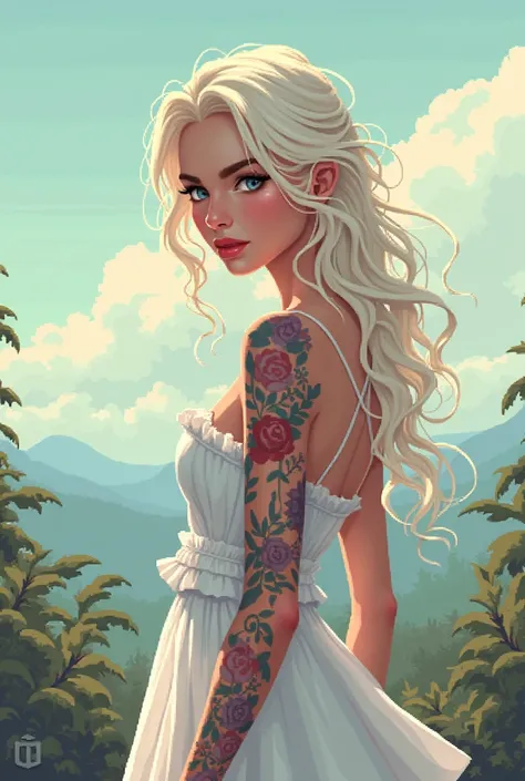 Pixel art bitmap, A beautiful and slim Russian woman with light colored hair, She has a beautiful and unique dress she looks so fragile , She has colored tattoos she is far away and you can see the womans environment