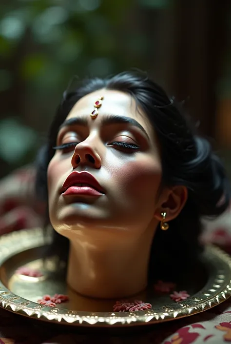 ((Indian Bride Disembodied head with beautiful face wearing makeup)), severed head on platter, Hair Bun, looking away from camera, eye closed, frown, extremely detailed skin texture, best quality, natural light