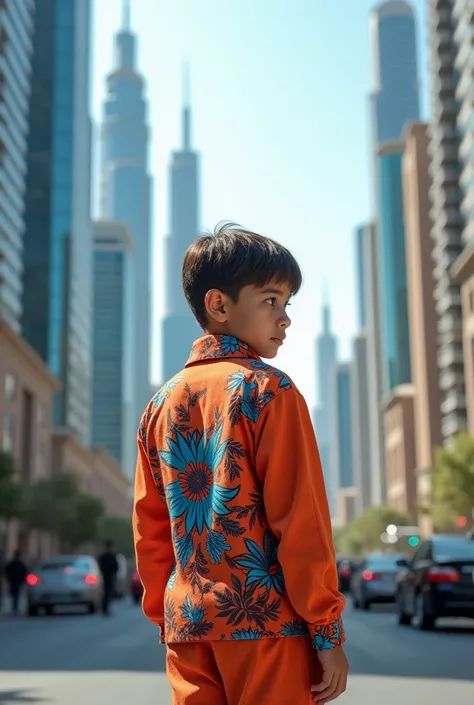 A 15-year-old boy with his back pointing to the sky in a bright outfit with several buildings behind him and was in Dubai 