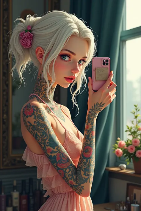 Pixel art bitmap, A beautiful and slim Russian woman with light colored hair, She has a beautiful and unique dress she looks so fragile , She has colored tattoos she is far away and you can see the womans environment is taking a selfie in front of a mirror