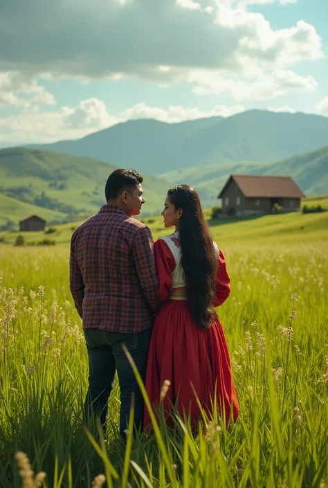  Bolivian couple in Argentina,  on green grass, in the background, a fifth house ,  in the province of Buenos Aires .