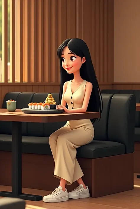 Woman 30 years, long straight black hair, wearing creme short sleeveless buttoned v vest and creme long loose trousers with white sneakers. At Sushi restaurant with wood slat paneling in walls, black rectangular tables, sitting on black leather upholstered...