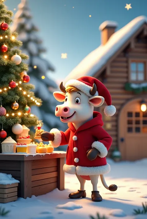 Make an image of a happy cow dressed in a red Christmas costume and wearing a hat selling dairy products next to a beautiful decorated Christmas tree in the background a cabin in the countryside under a beautiful sky 