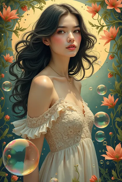 woman between bubbles and flowers in the background in art nouveau style