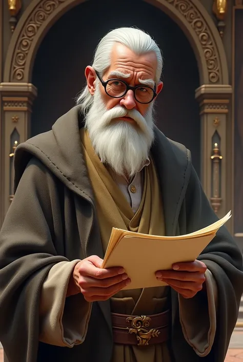 Middle Ages, White hair,  neat head, short beard, shrine, Wearing glasses with strings ,  holding a sheet of documents, Im holding a ,  looking straight ahead 